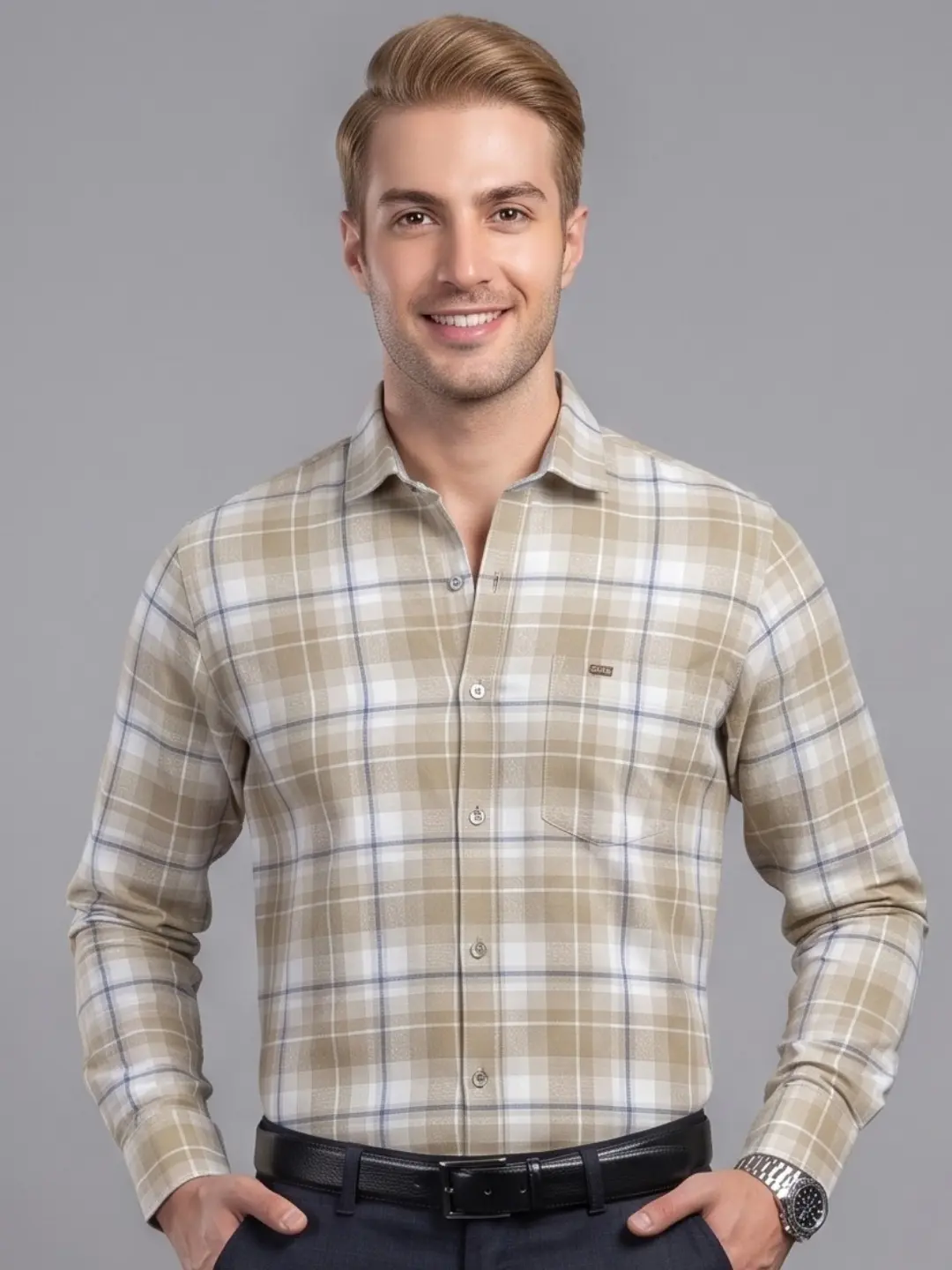 LIVE IN Men Golden Slim Fit Checks Casual Shirt - LS12F223PCLG