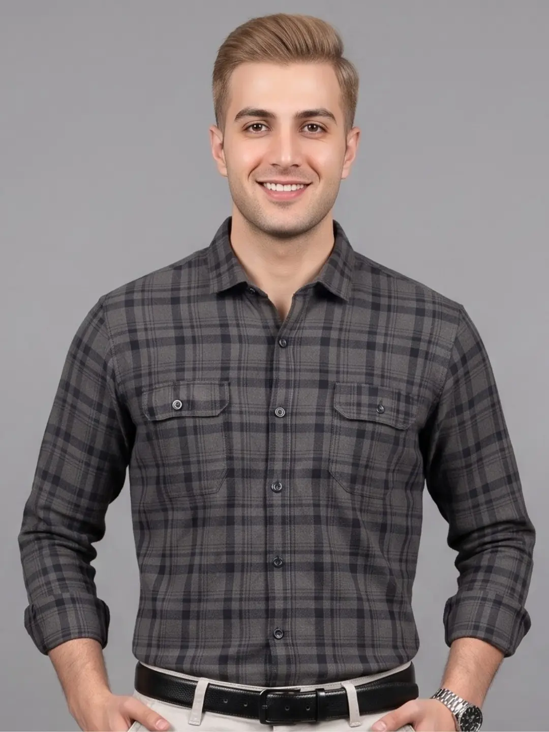 LIVE IN Men Grey Slim Fit Checks Casual Shirt - LS12F254PCMG