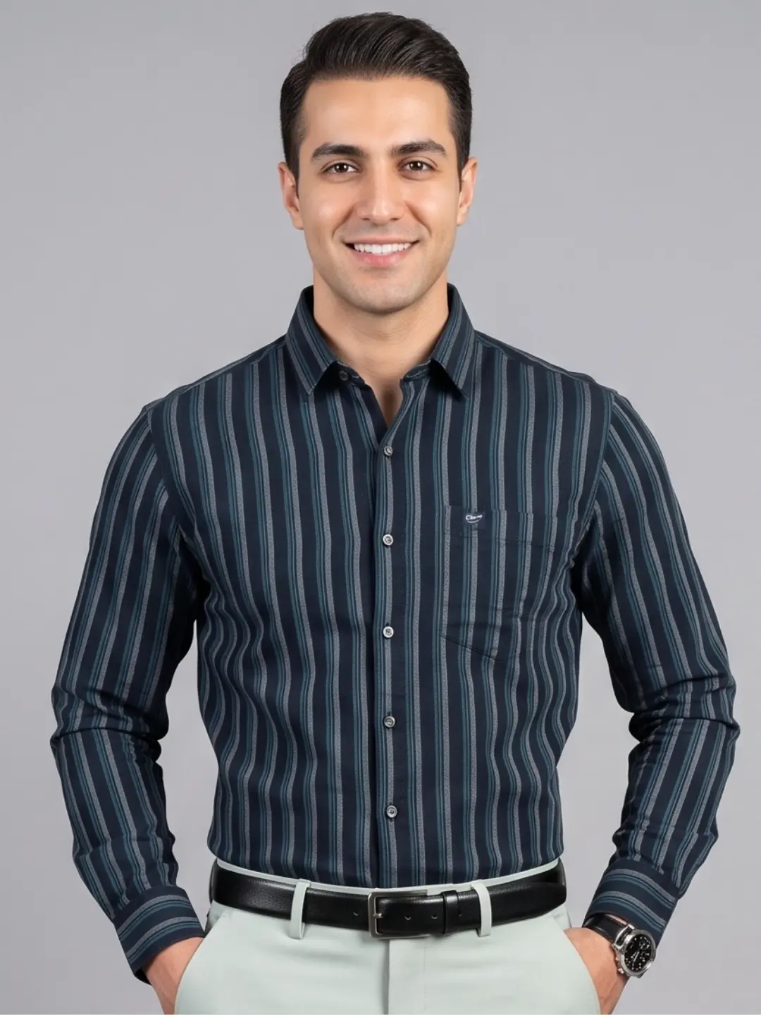 LIVE IN Men Black Slim Fit Striped Casual Shirt - LS12F355PTOU