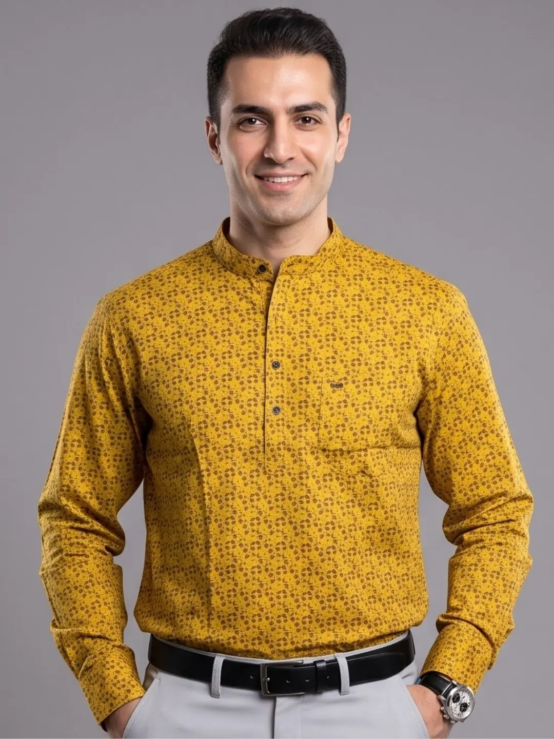 LIVE IN Men Yellow Slim Fit Printed Kurta Shirt - LS12F408WPSC