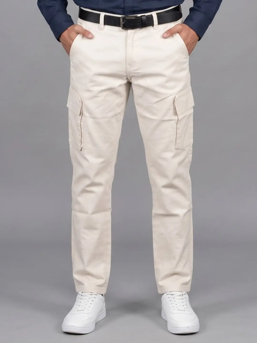 LIVE IN Cream Straight Fit Solid Cotton Cargos-LCG12I111CD1