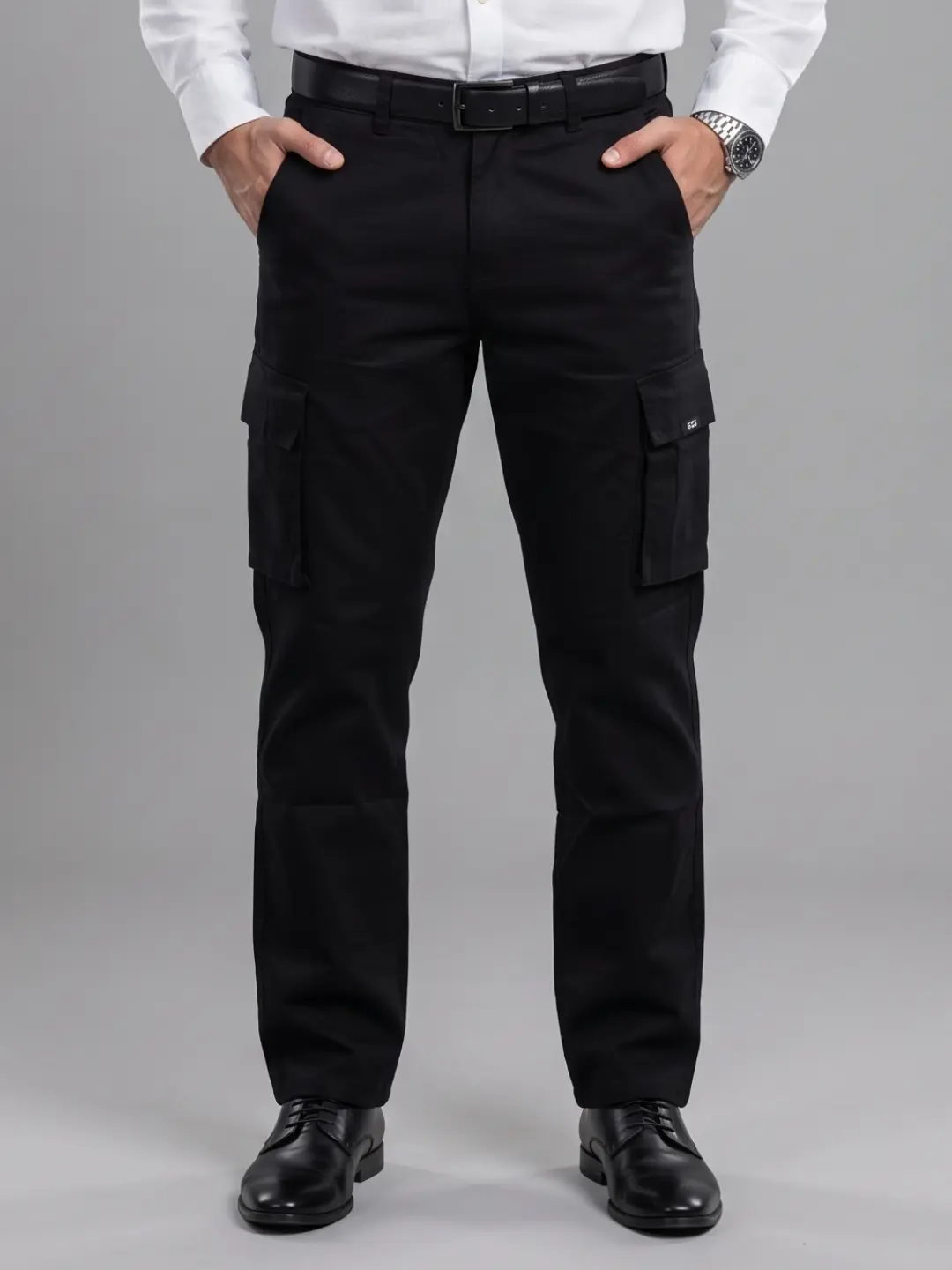LIVE IN Black Straight Fit Solid Cotton Cargos-LCG12I113CD2