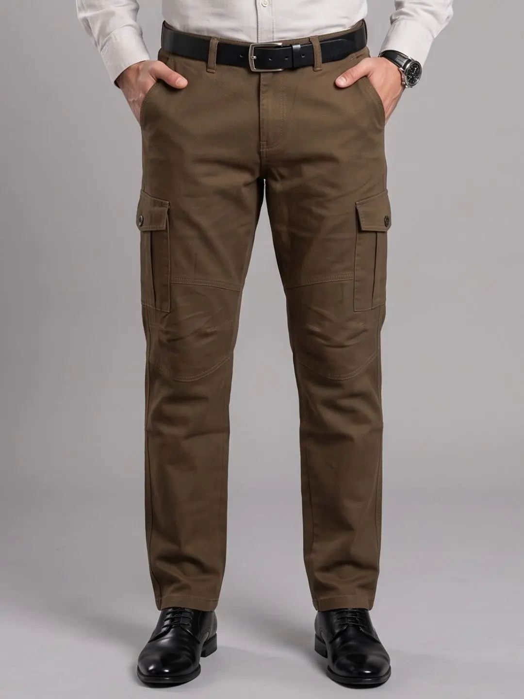 LIVE IN Brown Straight Fit Solid Cotton Cargos-LCG12I123CDC