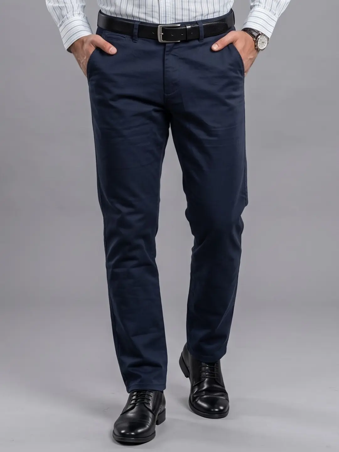 LIVE IN Navy Blue Slim Fit Solid Polycotton Casual Trousers-LPM 04