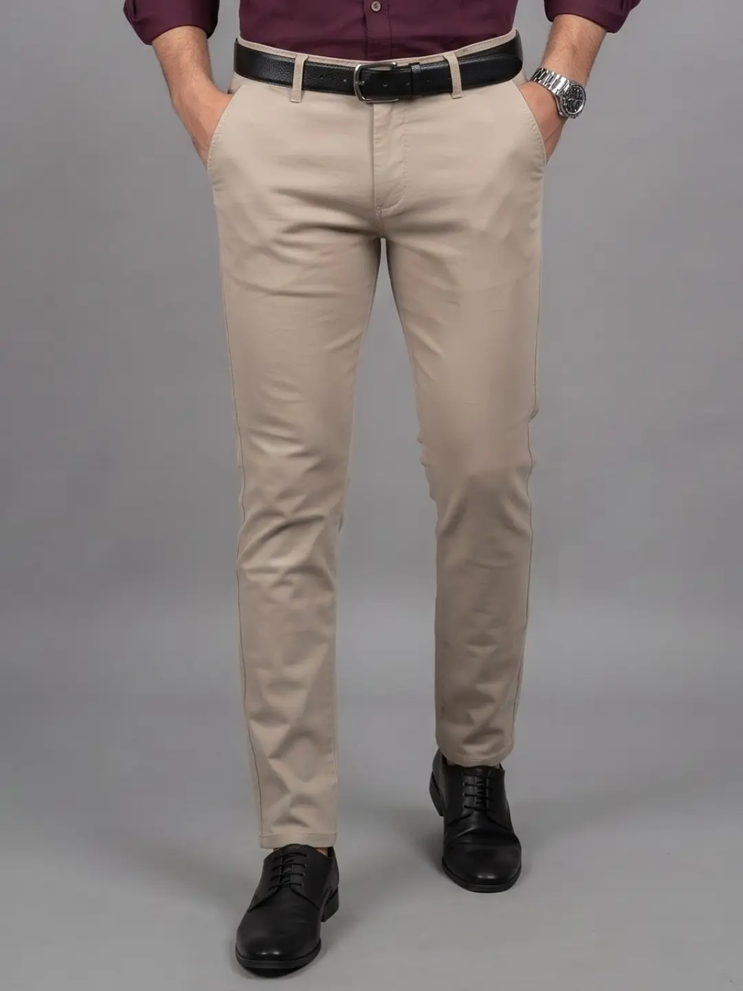 LIVE IN Beige Slim Fit Solid Cotton Casual Trousers-LTL12I108SD6