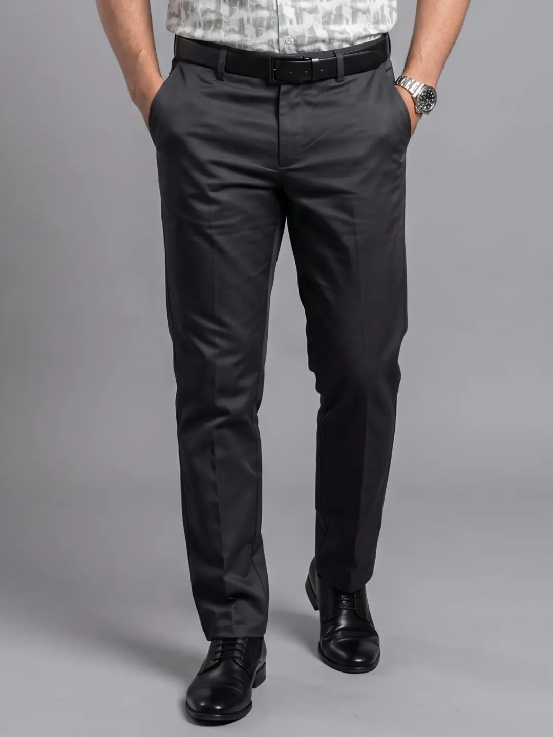 LIVE IN Dark Grey Regular Fit Solid Satin Casual Trousers-SLF-PR