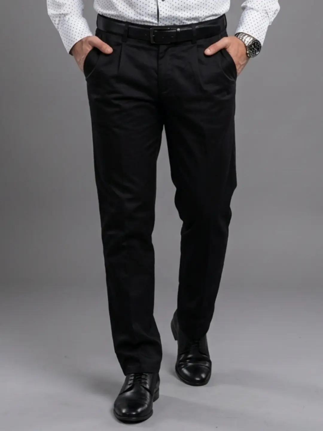 LIVE IN Black Regular Fit Solid Satin Casual Trousers-SLP-BK