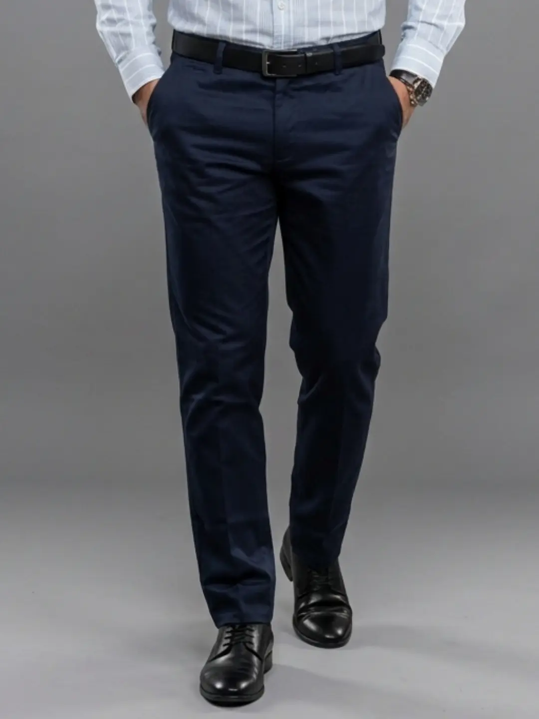 LIVE IN Navy Blue Regular Fit Solid Satin Casual Trousers-SLP-NY