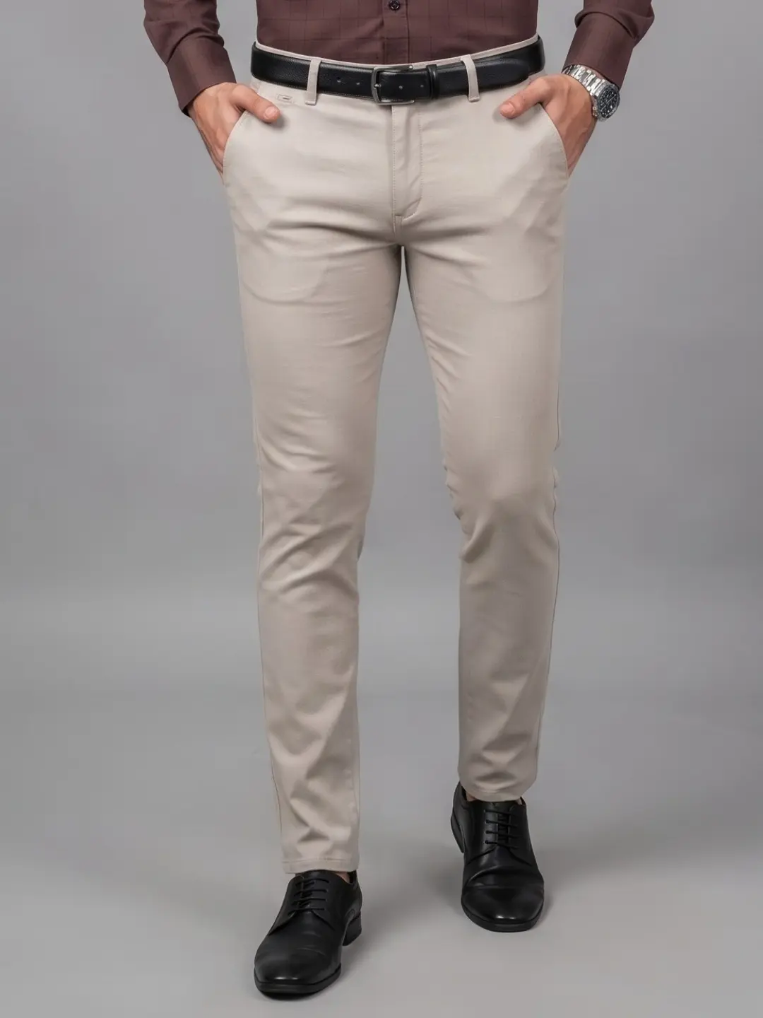 LIVE IN Beige Slim Fit Solid Cotton Casual Trousers-STL12I350SP3