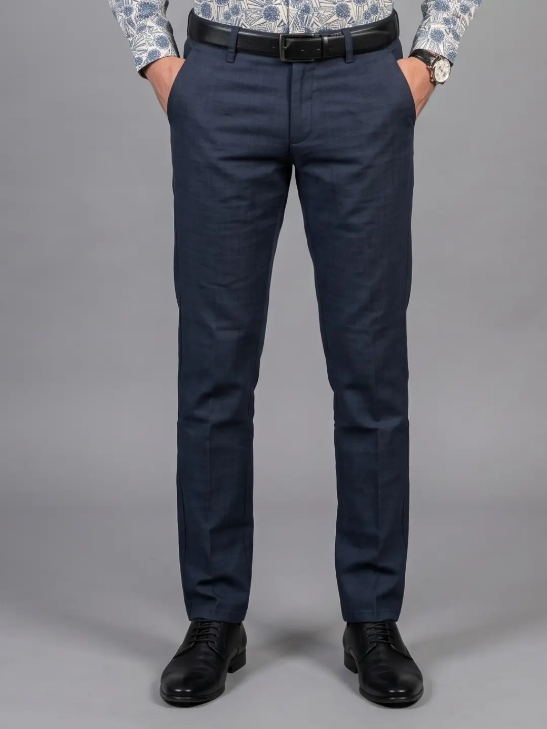 LIVE IN Blue Slim Fit Solid Cotton Casual Trousers-STL12I351SP2