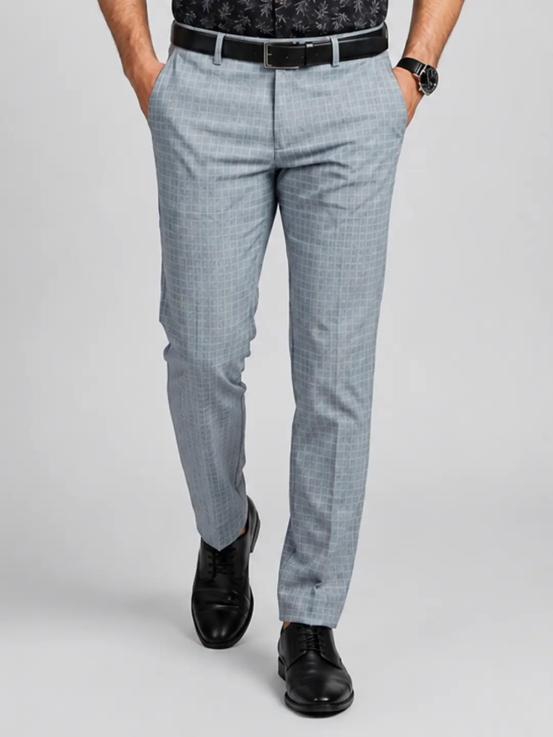 LIVE IN Grey Slim Fit Checked Cotton Casual Trousers-STL12I355SPU
