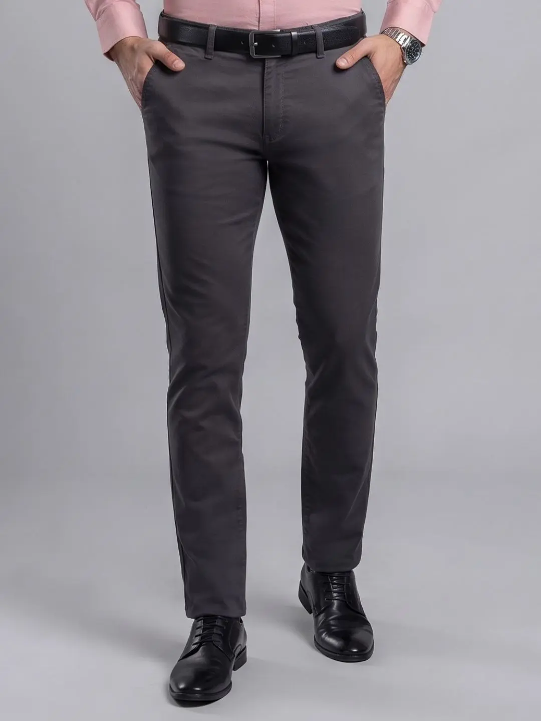 LIVE IN Grey Slim Fit Solid Cotton Casual Trousers-STL12I362SD3