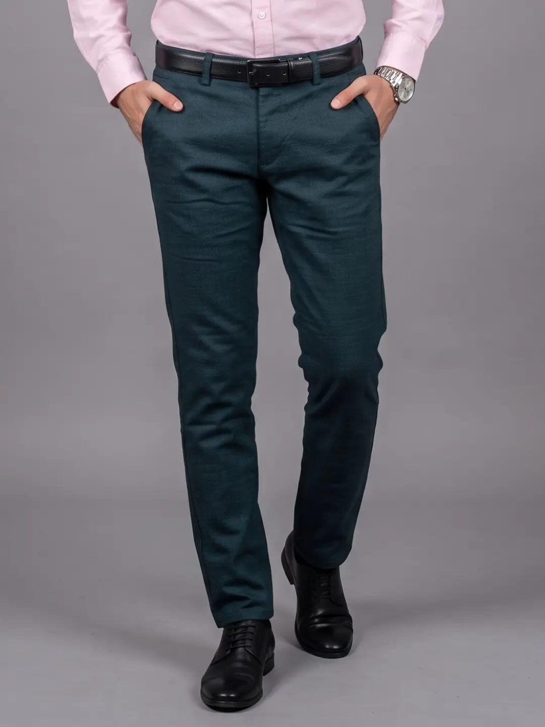 LIVE IN Navy Blue Slim Fit Solid Cotton Casual Trousers-STL12P389K15
