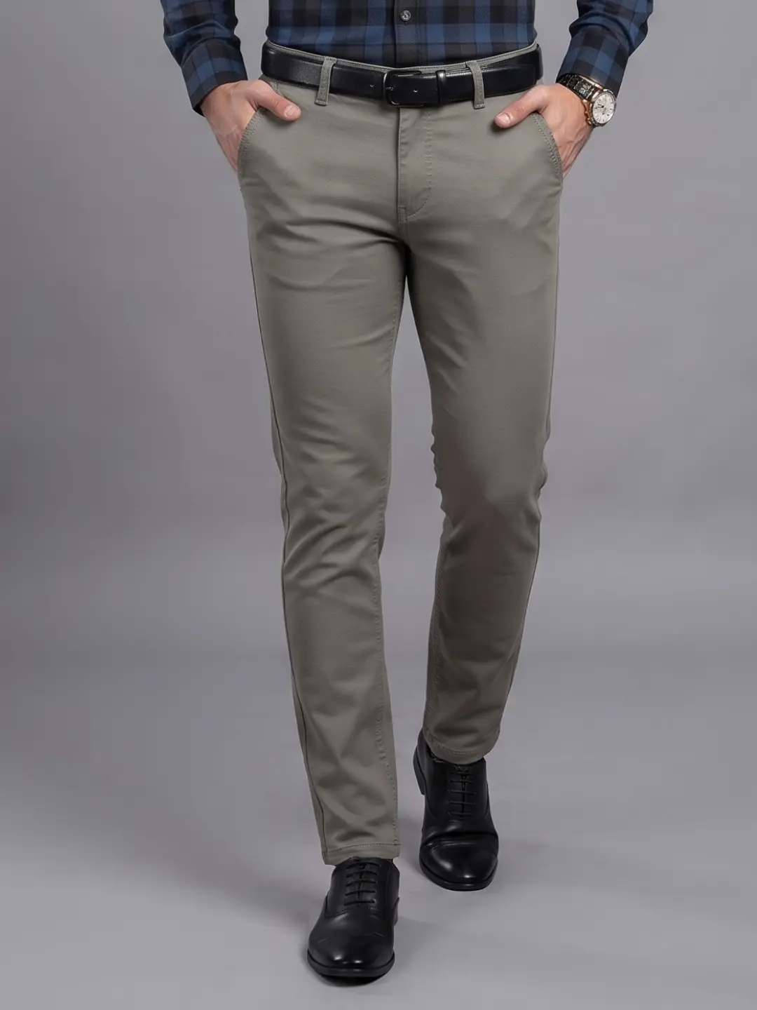 LIVE IN Grey Slim Fit Solid Cotton Casual Trousers-STL12P390K50