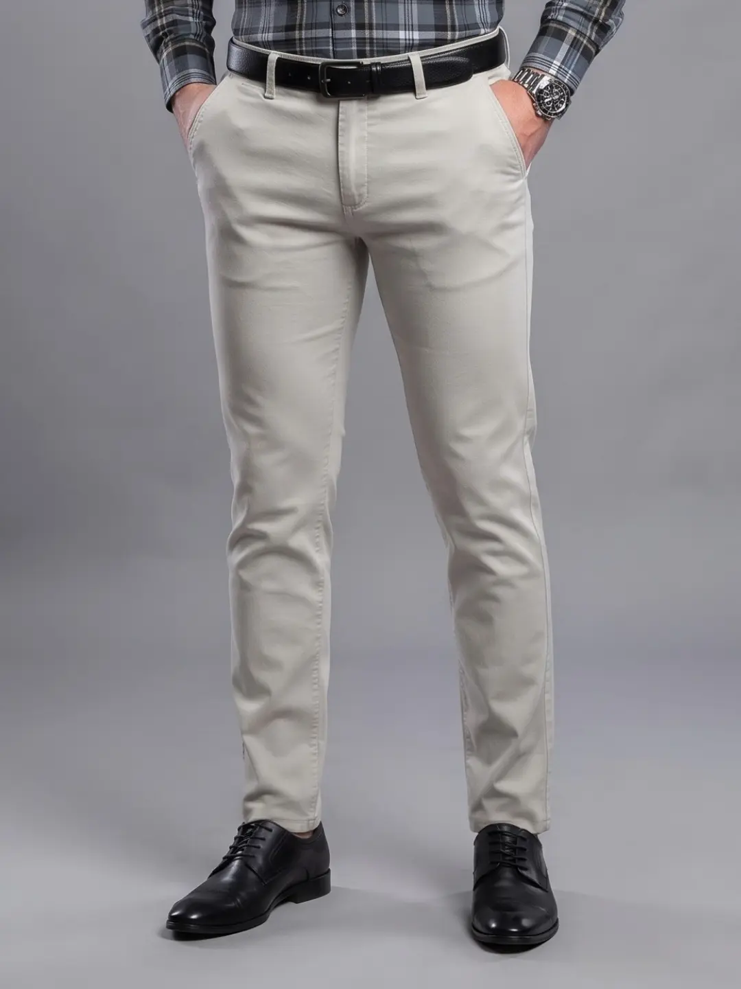 LIVE IN Beige Slim Fit Textured Cotton Casual Trousers-STL12P392SK6
