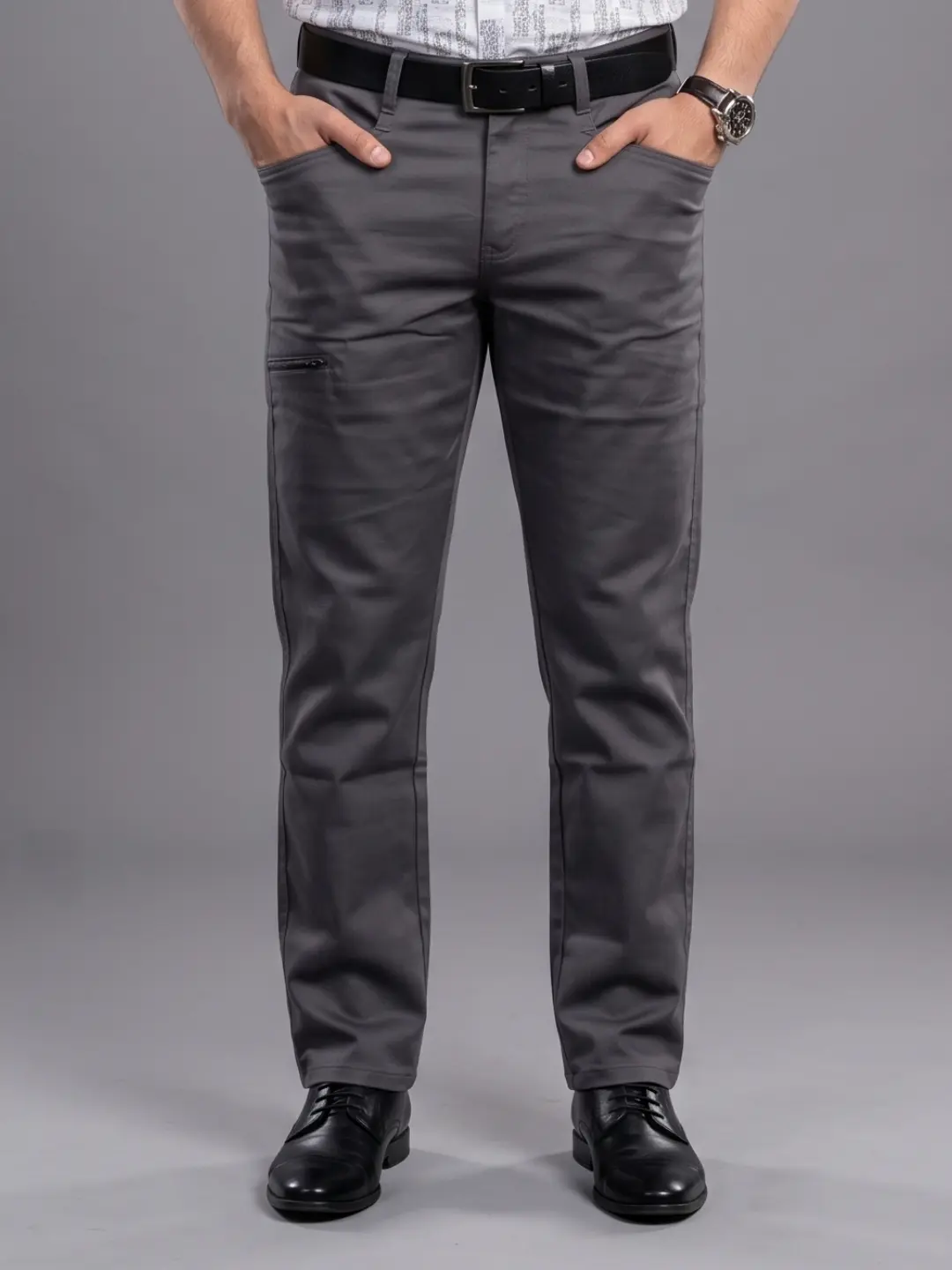 LIVE IN Medium Grey Regular Fit Solid Polycotton Casual Trousers-LTECPP142B52